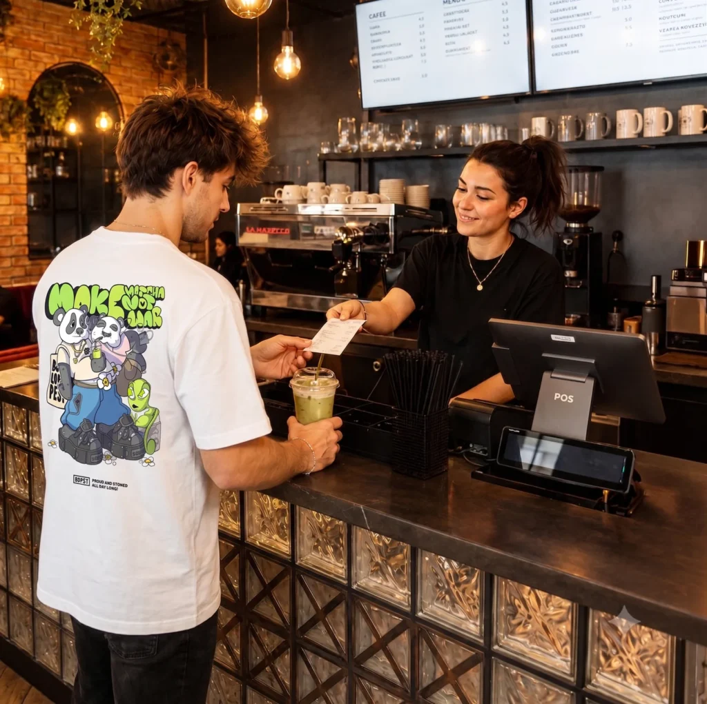 BP x DREAMWRLD Make Matcha Not War póló a Bluebird Cafe pultjánál